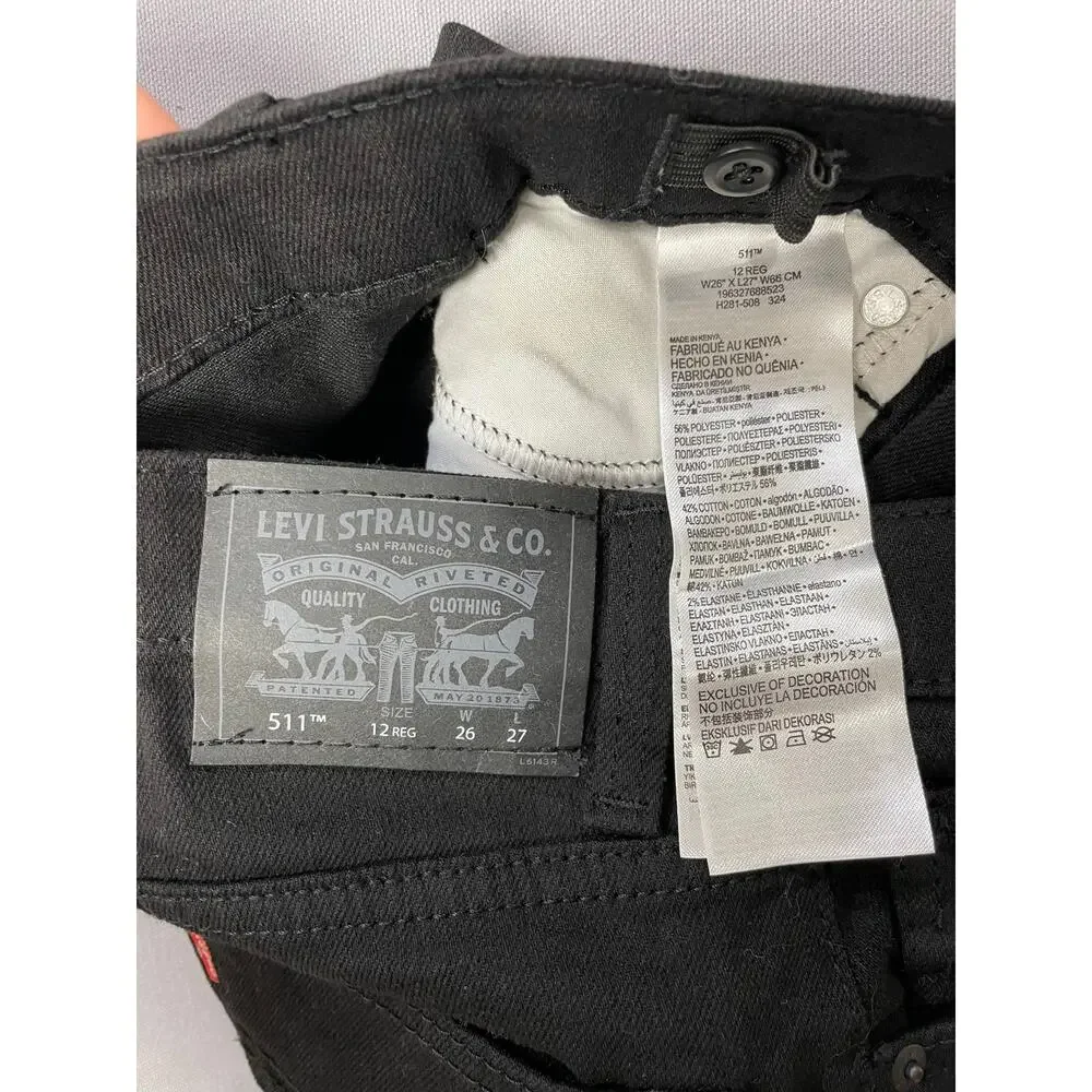 NEW Levi's 511 Slim Fit Straight Leg Black Denim Jeans Size 12 Reg /‎ 26W X 27L